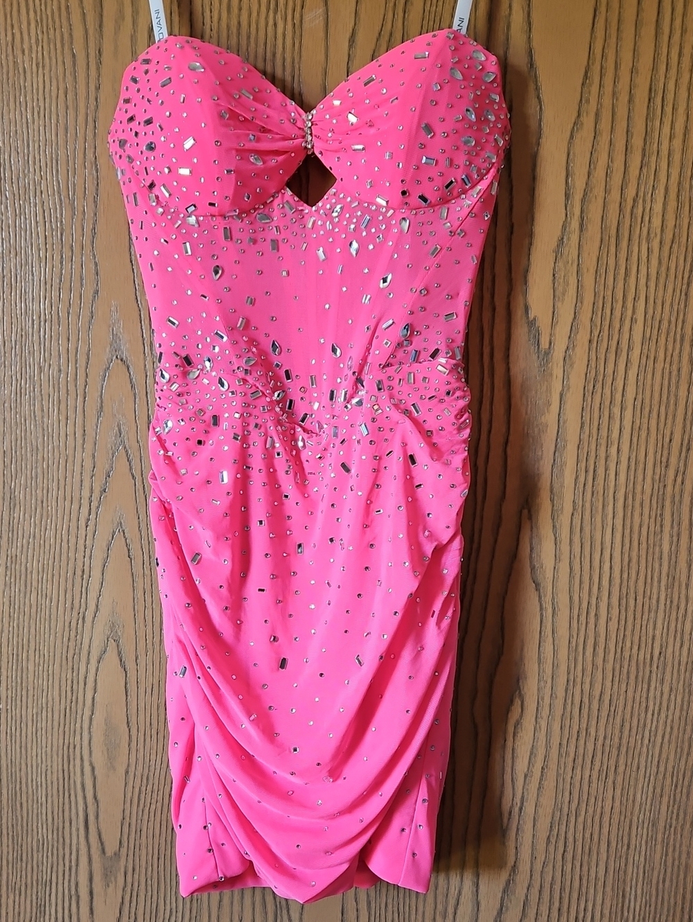 Jovani Neon Pink Strapless Rhinestone Cocktail Dress
